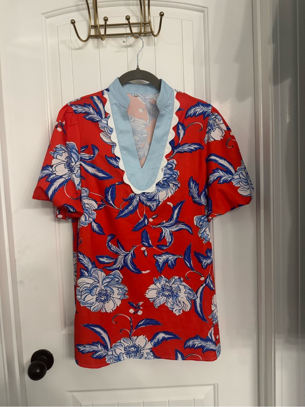 Women's Red Floral V-Neck Blouse with Light Blue Trim